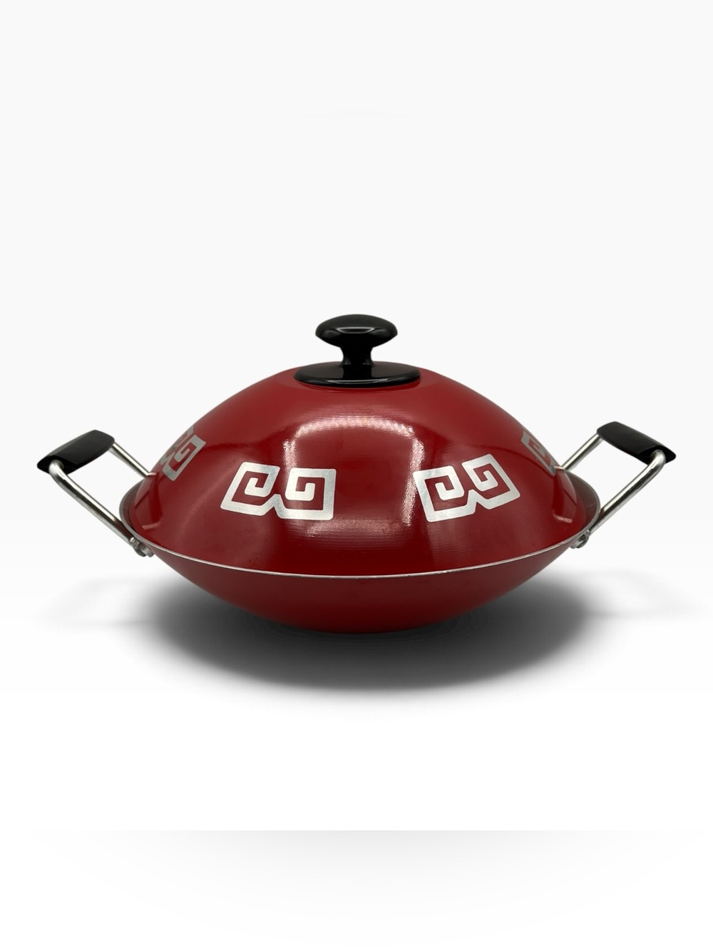 Vintage mid century modern Alluminum Wok Red Greek Key Round Bottom Stovetop Pan